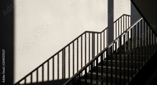 Metal staircase, railing shadows, industrial interior, architectural detail, urban design
