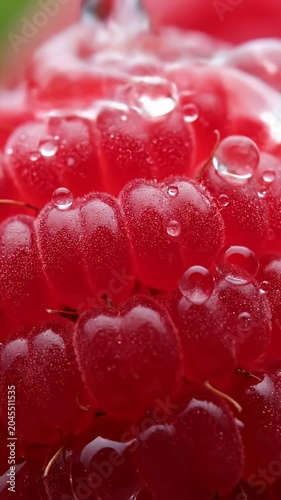 Vibrant red raspberry with fresh water droplets