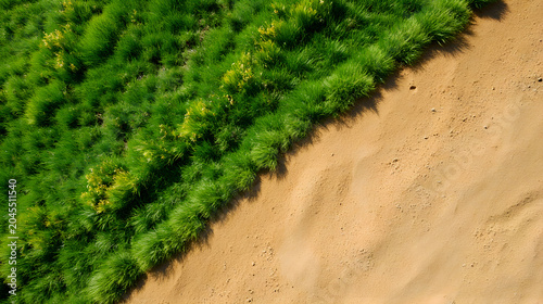 Aerial View Of Green Grass And Dry Soil With Diagonal Contrast