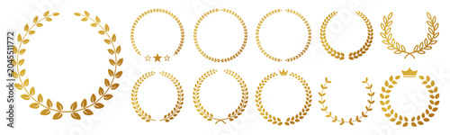 金色の月桂冠フレームセット 高級感のあるアワード装飾素材 Golden Laurel Wreath Frame Set Luxury Award Decoration Design
