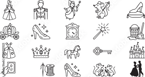 Принти на полотні Classic fairytale vector icon set, monoline magic princess cinderella line art i