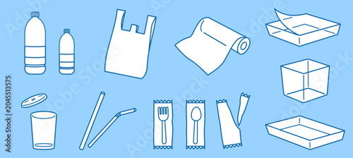 プラスチック製の透明な容器やフィルムのイラストアイコンセット。再生可能な使い捨ての包装容器、ストロー、スプーン、フォーク、ドリンクカップ、ペットボトル、レジ袋のコレクション。