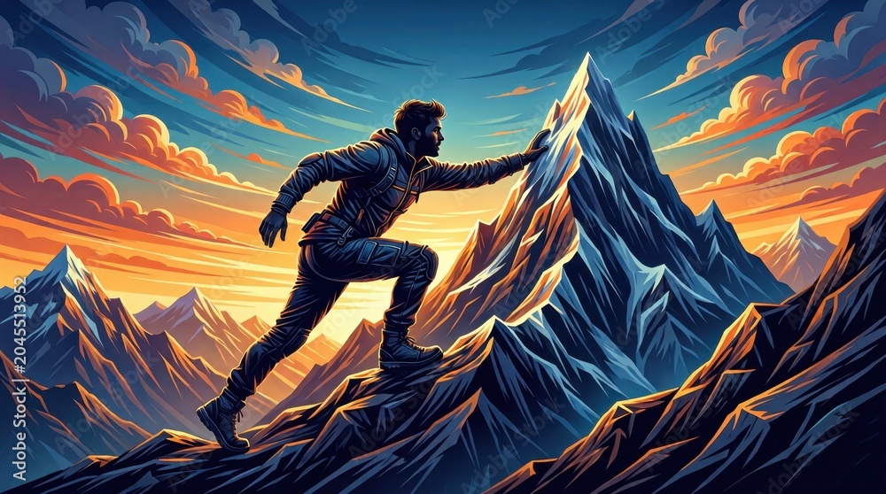 Fototapeta premium Man climbing rocky mountain ridge during sunrise outdoors