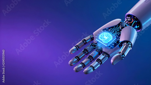Futuristic AI Robot Hand with Glowing Brain Chip Circuit on Purple Blue Background Technology Concept
