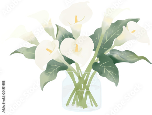 Canvastavla Elegant white calla lilies arranged in a clear glass vase, featuring soft watercolor textures and lush green foliage