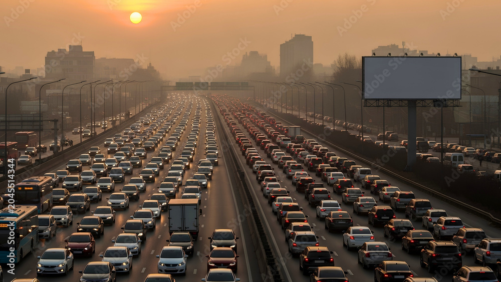 Fototapeta premium Heavy rush hour traffic congestion stretching for miles on a multi-lane urban highway under a hazy sunset sky, depicting modern city life challenges