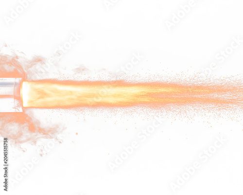 Powerful burst of fiery orange energy and smoke emanating from a cylindrical nozzle. Intense heat and particles