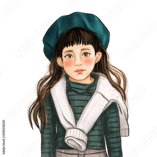 Obraz na plátně A girl wearing baret hat hand drawn in textured drawing art