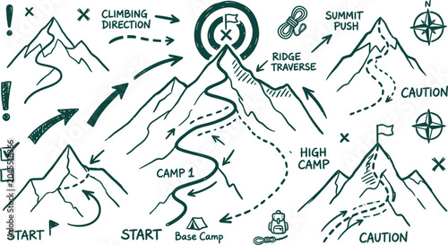 Quadro em tela Hiking mountain expedition line marks portfolio representing summit target circl