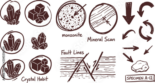 Tableau sur toile Geology crystal formation red pen accent marks collection containing mineral ins