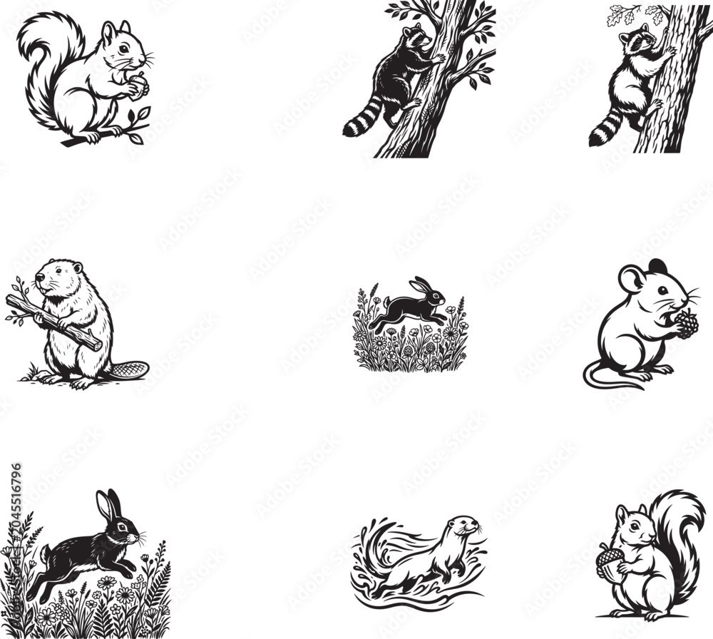 Obraz premium Wildlife icons, forest animal illustrations, black and white vector set, 8 animal drawings
