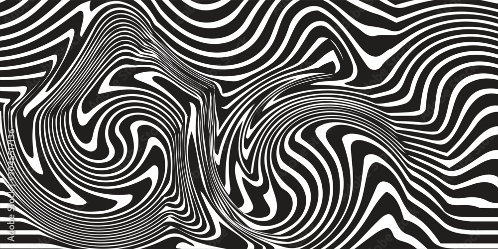 Obraz premium Abstract black and white wavy lines background. Optical illusion hypnotic pattern with distorted zebra stripes. Vector texture.
