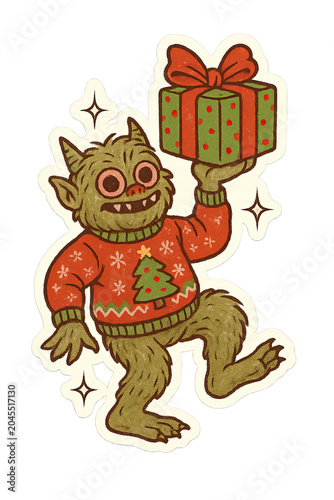 High demand niche Quirky Christmas monster in an ugly sweater holding a gift Retro hand drawn illustration of a festive goblin, a whimsical holiday character in a sticker style authentic lifestyle