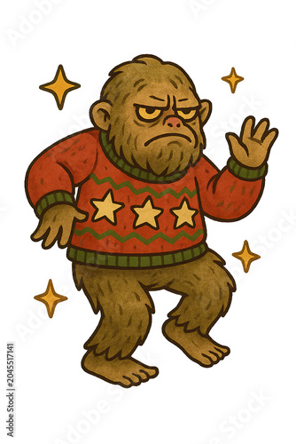 High demand niche Funny Grumpy Bigfoot in an Ugly Christmas Sweater, a whimsical holiday character illustration Sasquatch monster dancing for a quirky Christmas party design authentic lifestyle