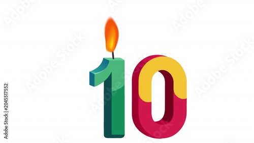Birthday candles with the number 10. Anniversary date animation, alpha channel. Cartoon