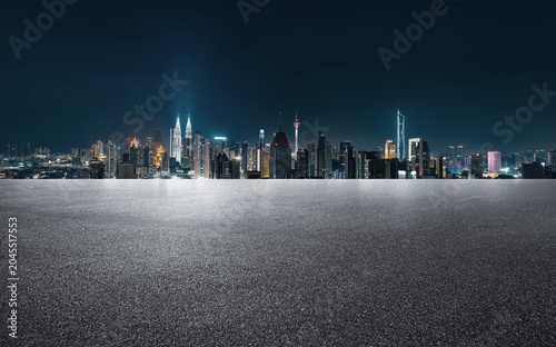 Photography Empty Asphalt Surface with Kuala Lumpur Cityscape Skyline at Night Background