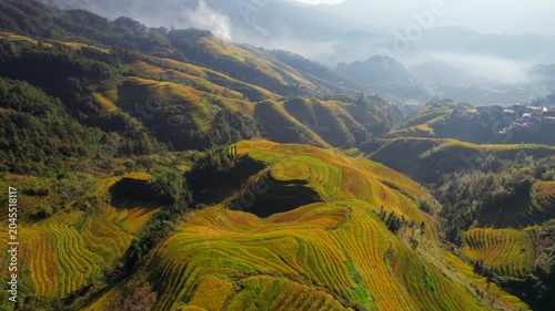 Misty Mountain Valley with Golden Terraced Rice Fields at Sunrise