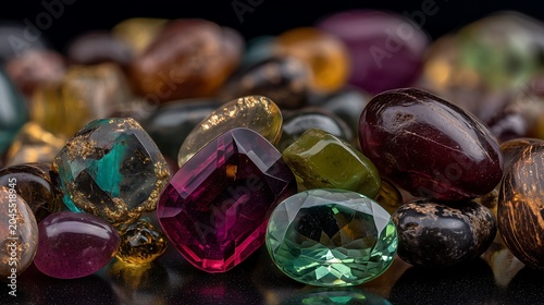 A collection of shiny, multi-colored gemstones and round crystal beads rests on a natural stone, creating a colorful decoration for fashion jewelry