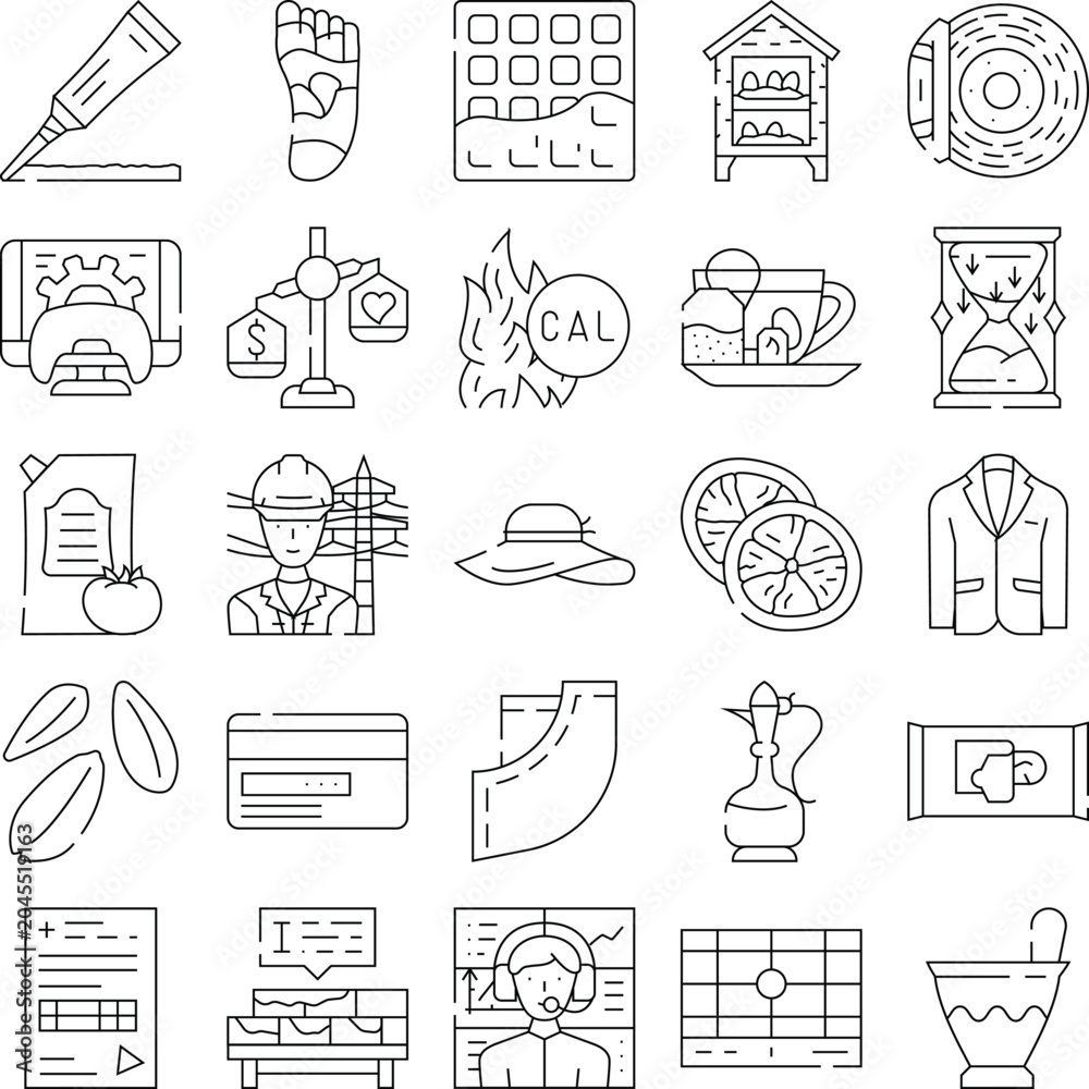 Fototapeta premium Set of line icons gathering various concepts, including medical, industrial, clothing, food, personal care, education, and entertainment, representing multiple aspects of daily life and services