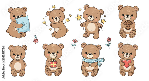 Cute cartoon teddy bear set with accessories, whimsical nursery art