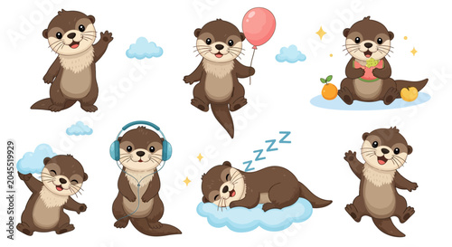 Cute cartoon otter sticker set with diverse poses and activities