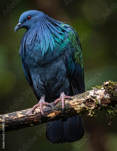 A vibrant bird, featuring iridescent green and blue plumage, perches on a weathered branch. The background is a soft blur of green