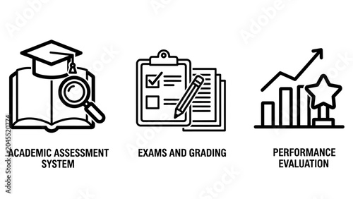 Academic assessment and performance evaluation icons line art set with education assessment evaluation performance academic learning analysis classroom achievement university checkmarks
