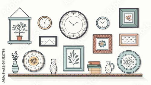 Collection of decorative items on a shelf isolated on white background