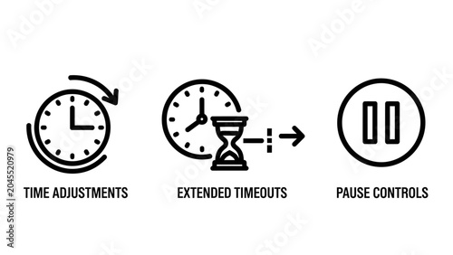 Time adjustments extended timeouts and pause controls icon set with adjustment hourglass management duration interface application software development monochrome configuration scheduling