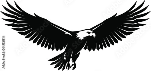 Obraz na plátně Majestic bald eagle flying with wings spread black silhouette vector graphic ill