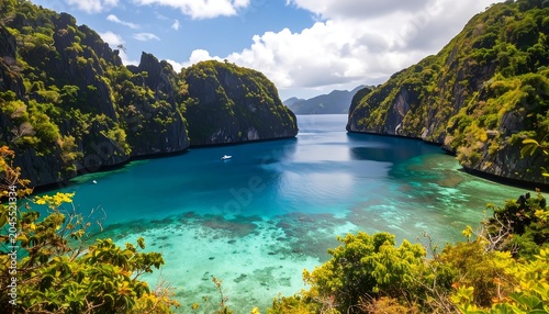 Tropical bay nestled between lush, rocky islands under a partly cloudy sky with crystal clear, turquoise water