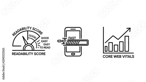 Readability score website speed load time core web vitals optimization metrics icons with readability optimization performance corewebvitals internet technical analysis measurement development