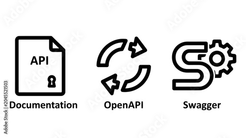 Api documentation and software development interface icons with documentation development software programming interface technical integration developer automation specification architecture