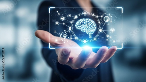 Artificial Intelligence concept illustration, a person's hand holding a holographic display of a brain network