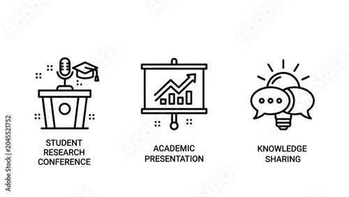 Set of academic and knowledge sharing line icons with education research presentation knowledge conference learning academic communication graphics business analysis innovation microphone