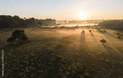 Diepenbeek, Belgium. Aerial drone sunrise over misty wetland with sun rays and scattered trees