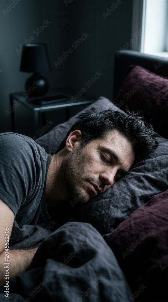 Obraz premium Man Sleeping Peacefully In Dark Bedroom Restful Nighttime Slumber