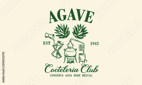 Photos Vintage green agave distillery emblem with jigger and alembic illustration for tequila branding