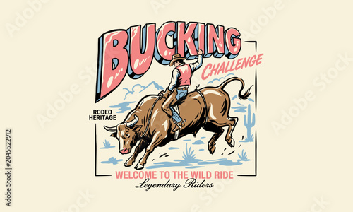 Картината върху платно Vintage retro illustration of a cowboy participating in a bull riding rodeo competition