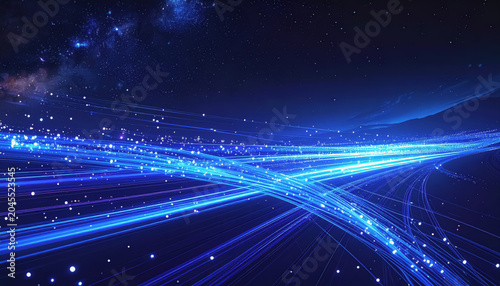 Abstract Blue Light Streaks and Particles Flowing Through Space with Stars