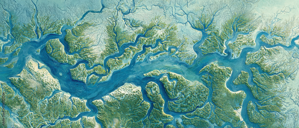 Obraz premium Winding river cuts through lush green islands