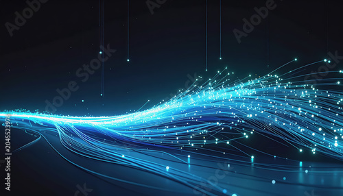 Abstract blue light streams and particles flowing on dark background