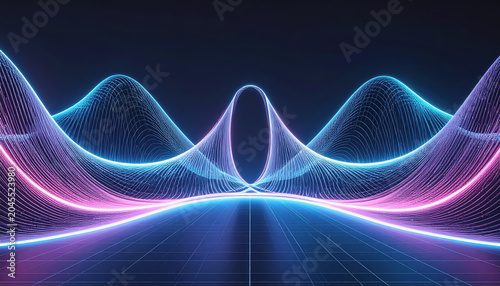 Futuristic neon wireframe landscape with glowing waves and grid pattern