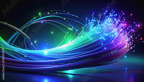 Close-up of colorful glowing fiber optic strands with bokeh, abstract technology background