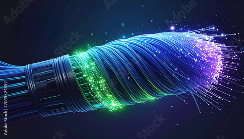 Twisted bundle of glowing fiber optic cables with green and purple lights