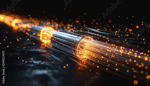 Abstract glowing orange fiber optic cable with sparks, representing data transfer
