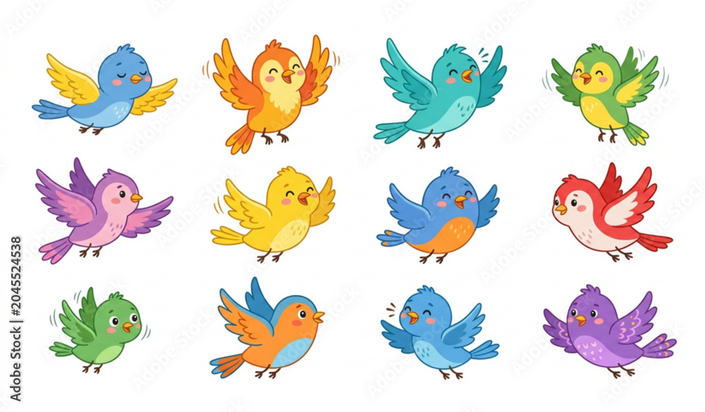 Obraz premium Cheerful Flying Birds Cartoon Vector Set with Happy Birdie Characters in Motion