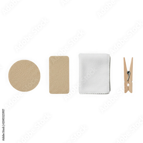Set of cork coasters, placemat, and clothespins isolated on transparent background