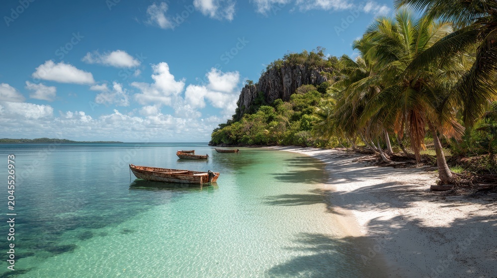Obraz premium Calm Indian Ocean coastline on Mayotte with white sand, mangroves and traditional boats