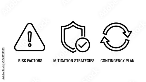 Business risk management icon set featuring hazard warning protection shield and process cycle symbols mitigation contingency strategy management protection business planning security